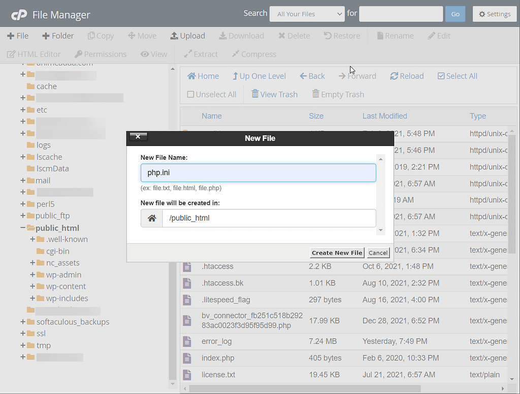 create new file in file manager - upload_max_filesize directive in PHP.ini