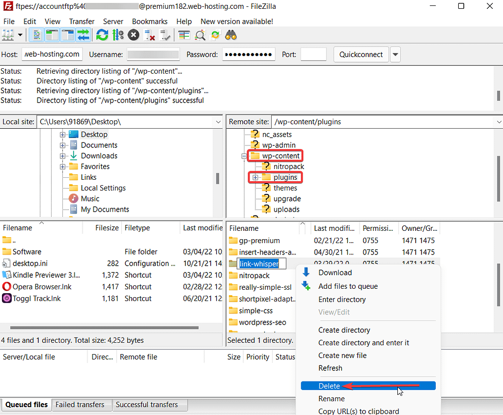 deleting plugins from filezilla to remove destination folder already exists error