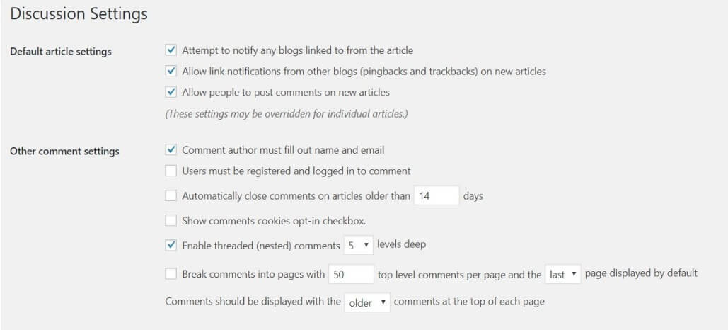 WordPress' discussion settings