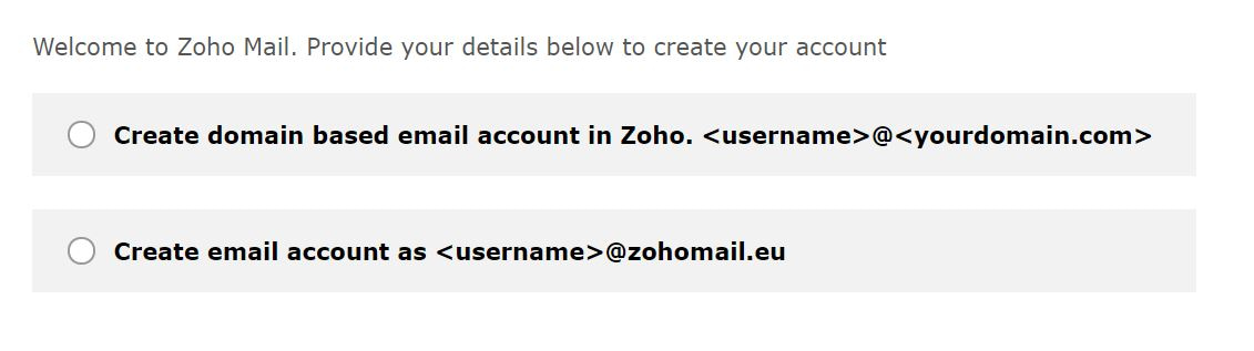 Zoho free email domain options.