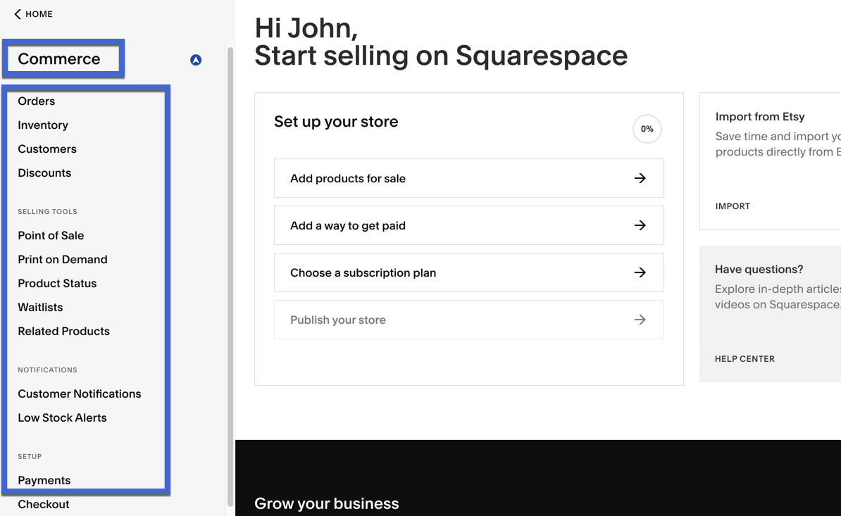 commerce section - Squarespace review
