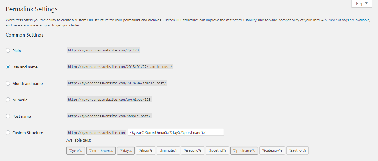 Permalink settings in the WordPress dashboard.