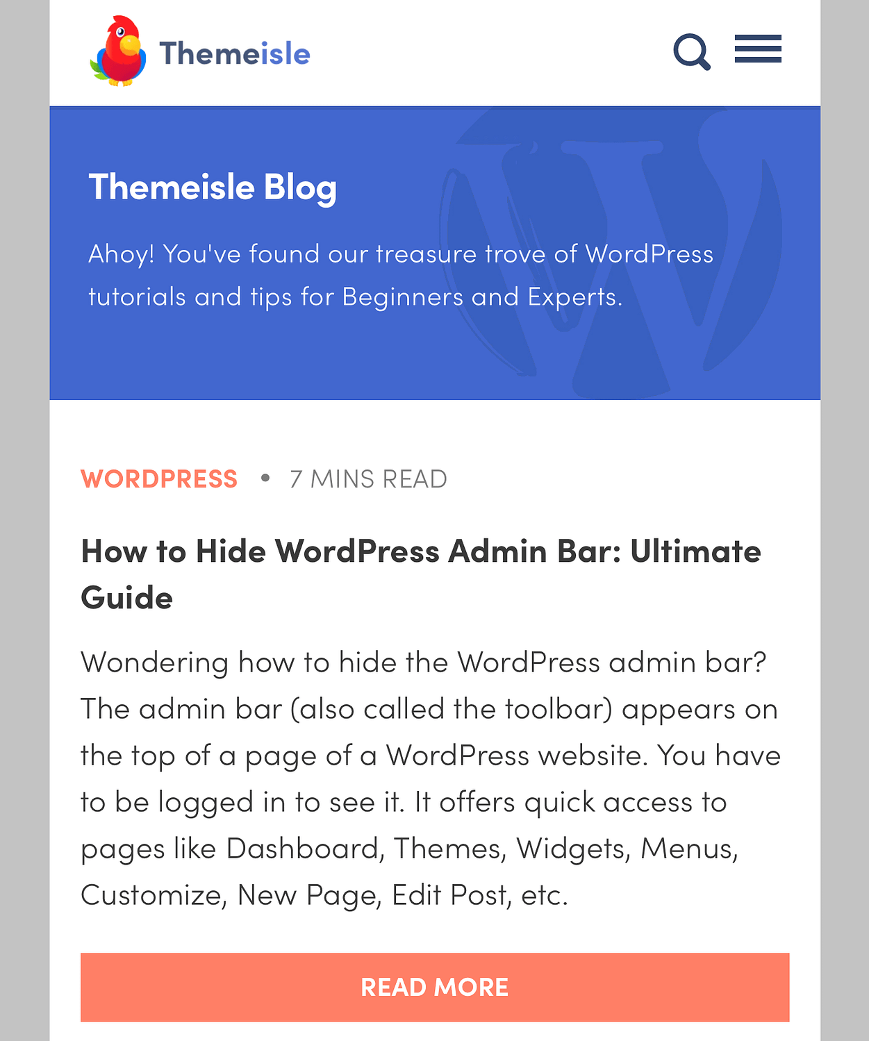 The mobile version of the ThemeIsle site.
