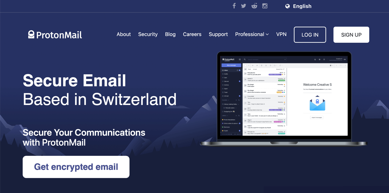 The ProtonMail home page.