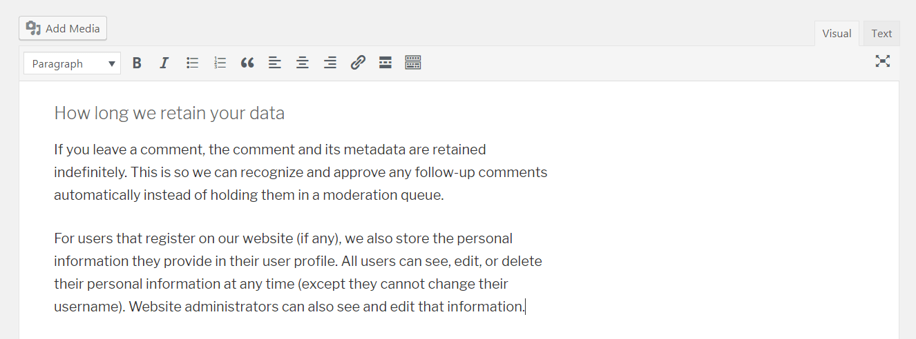 Default information in a WordPress privacy policy.