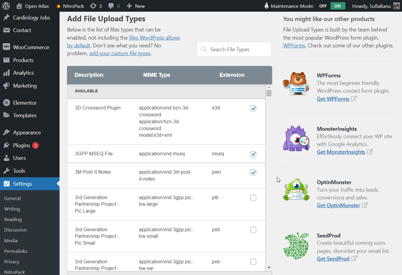 file upload types by WPForms setting