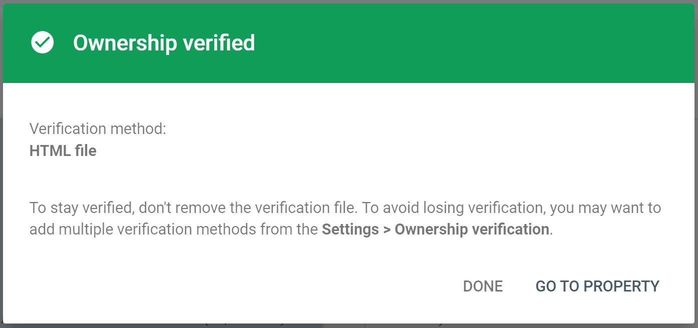 The 'ownership verified' message in Google Search Console. 