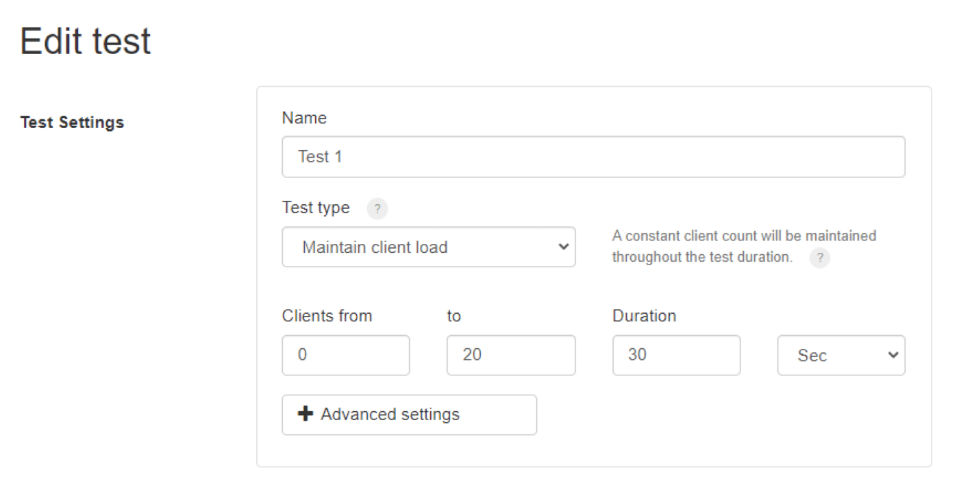 The test settings in Loader.io to stress test website