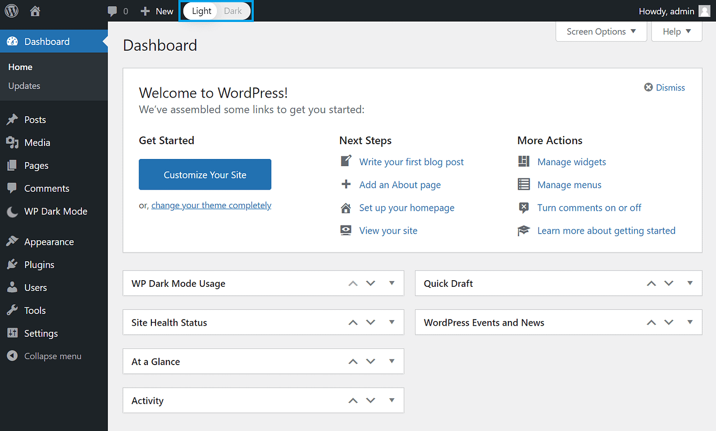 A standard admin screen in light mode with the dark mode toggle highlighted.