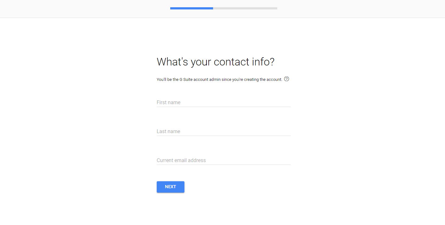 The contact info page in the G Suite setup wizard.