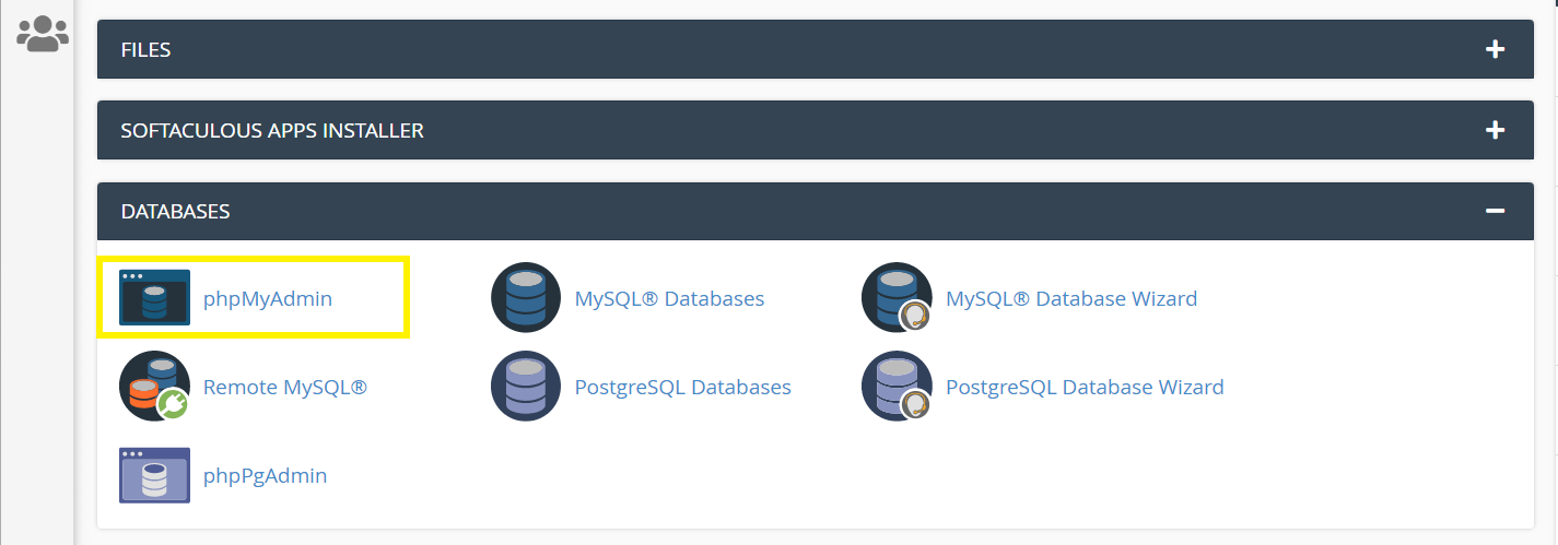 Locating phpMyAdmin in cPanel.