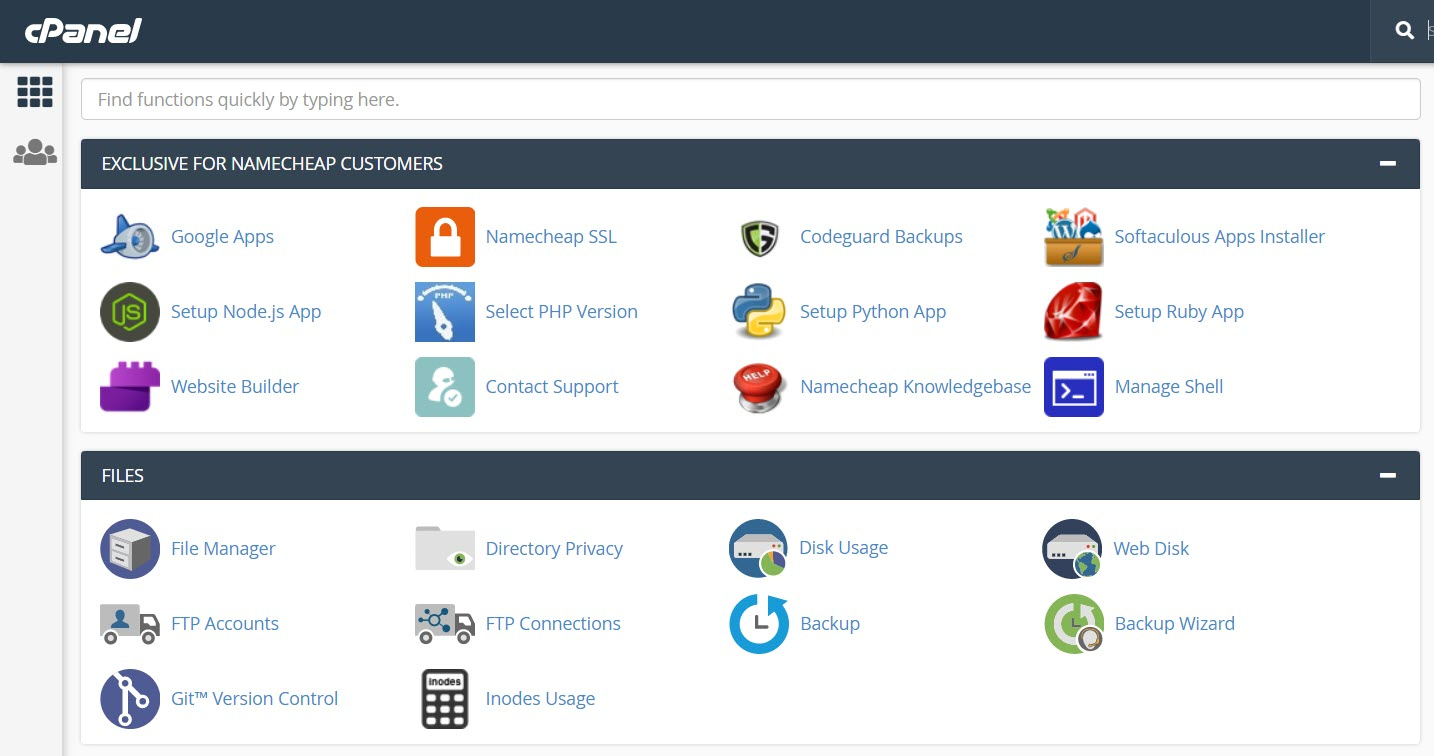 cPanel dashboard