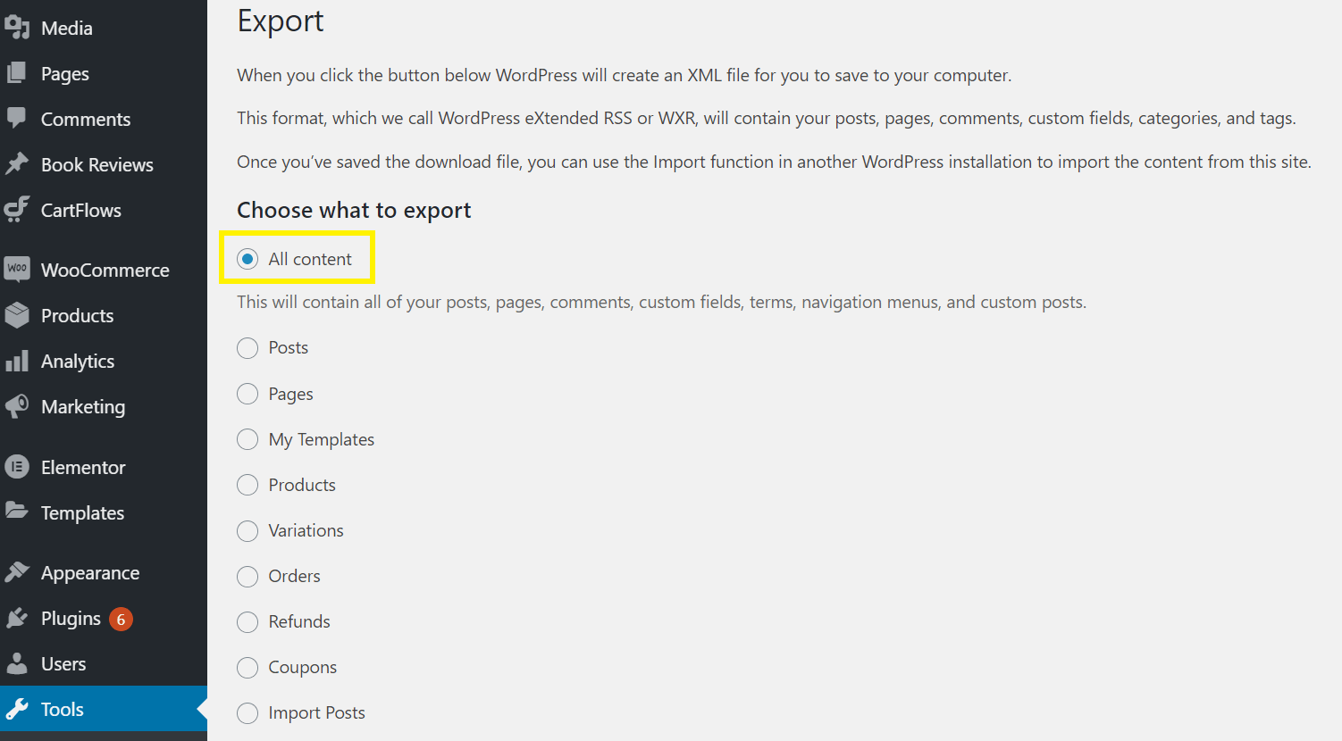 Exporting a WordPress site and all content with WordPress' native export feature.