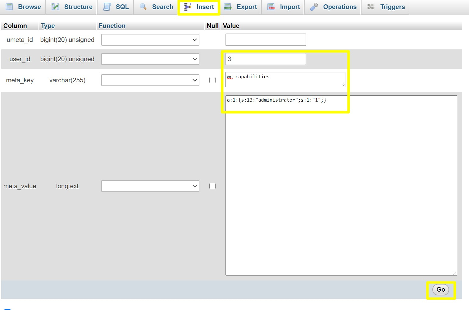 Add user meta values to the new admin user