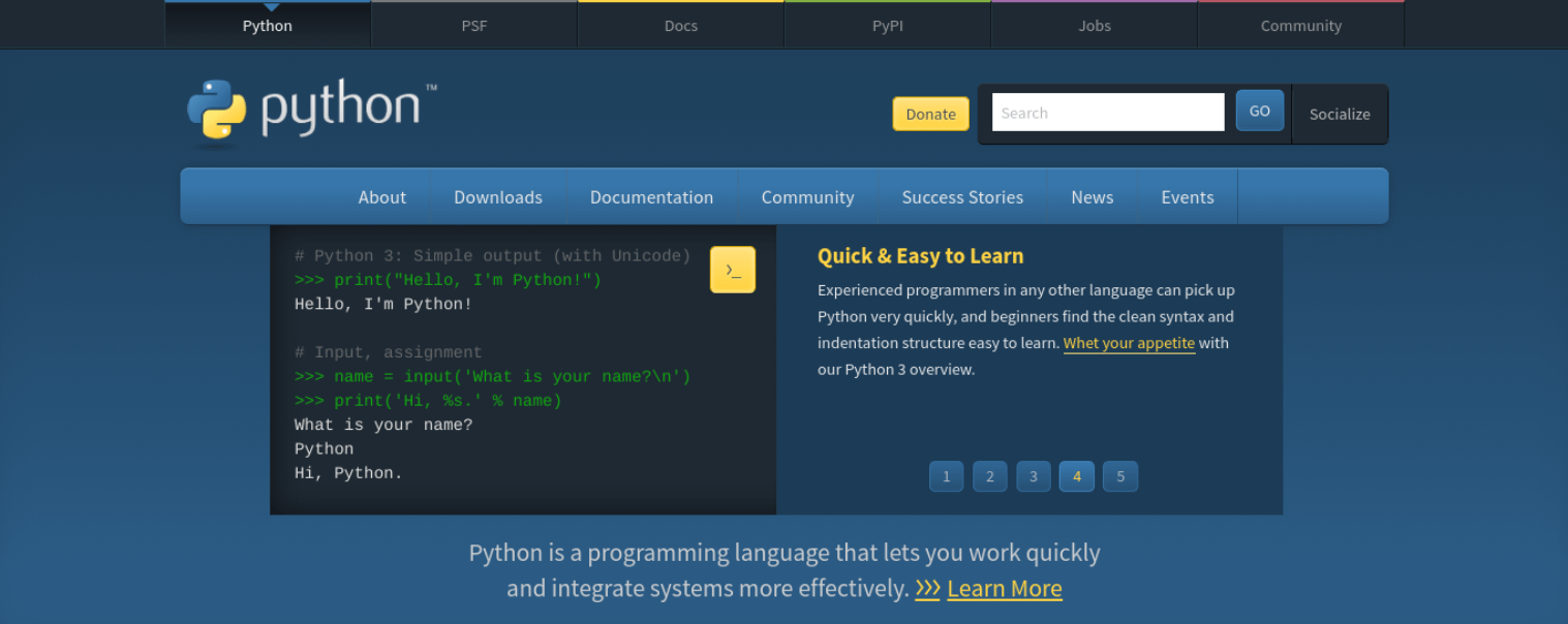 El sitio web de Python.