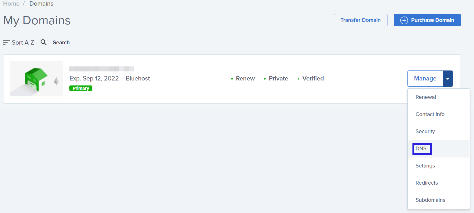 Accessing DNS settings from the Bluehost hosting panel. 