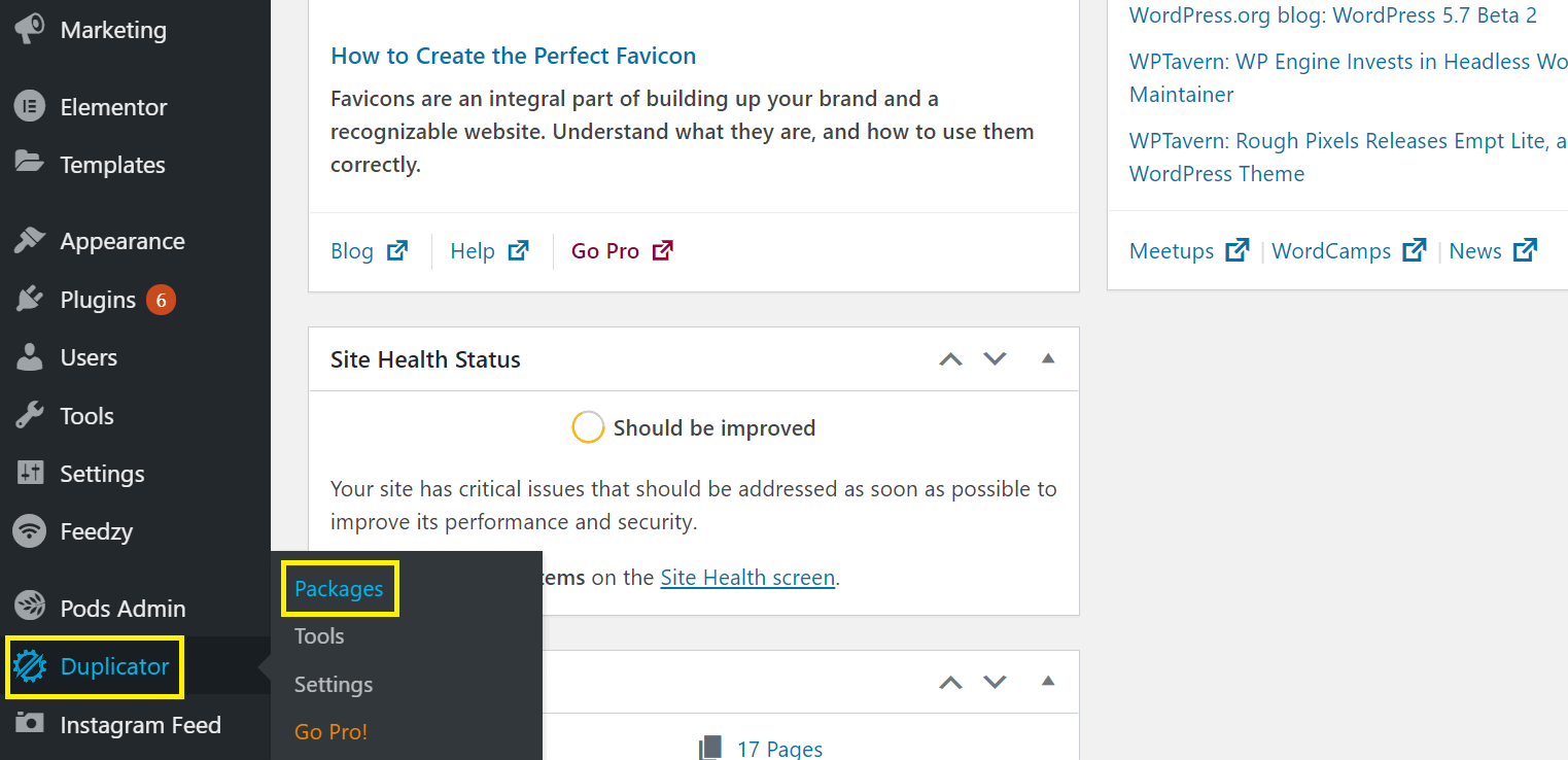 Locating Duplicator → Packages in WordPress dashboard.
