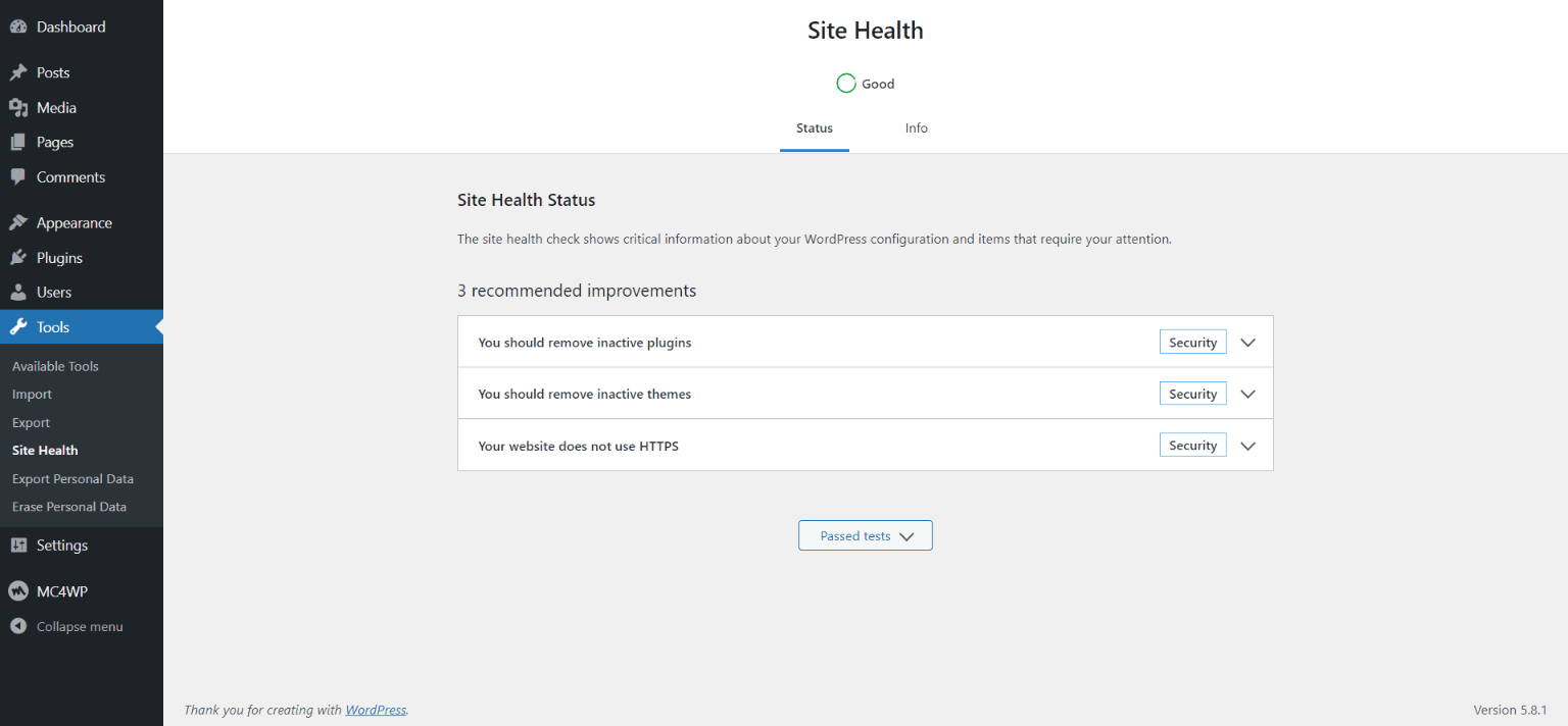 The WordPress Site Health screen.