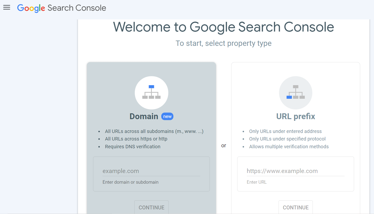 The welcome interface for Google Search Console. 