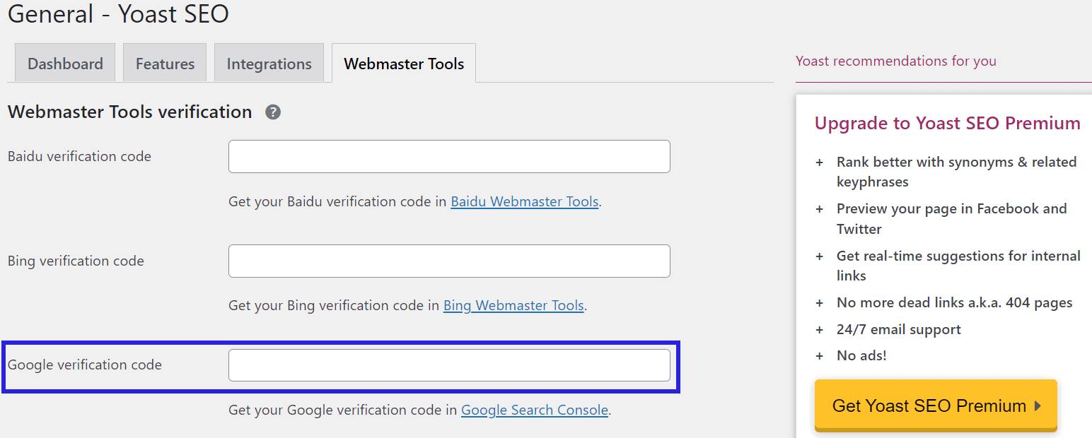 Where to enter the Google Search Console verification code with the Yoast SEO plugin. 