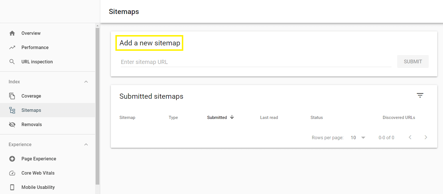 Google Search Console's area to add a new site map.