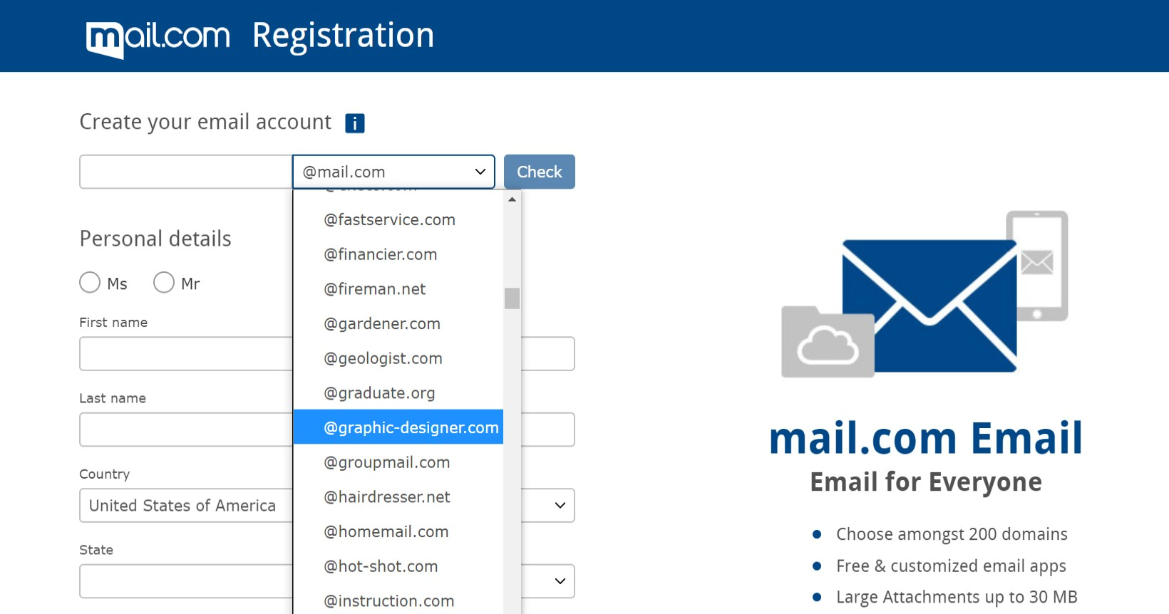 The Mail.com registration page.