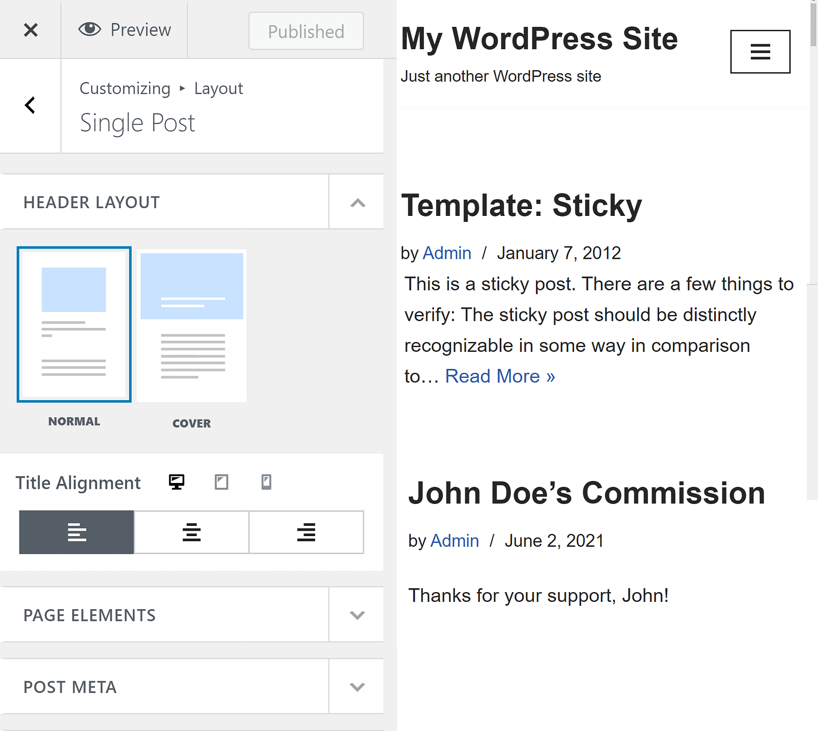 An example of Neve enabling users to change the default WordPress post template.