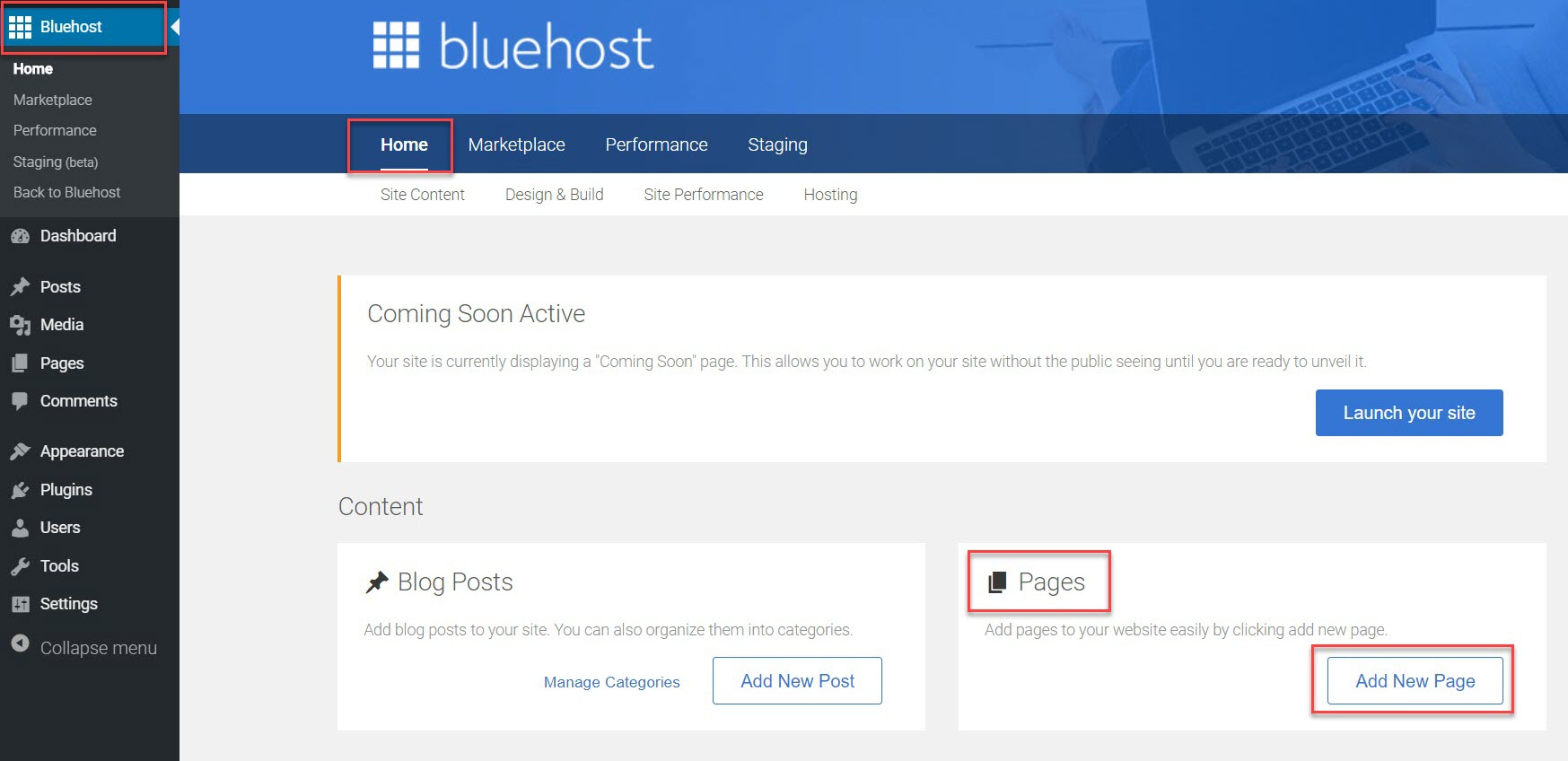 The Bluehost pages area after you install WordPress