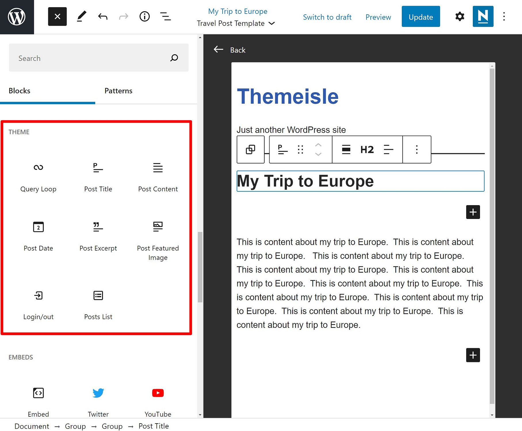 Using WordPress Full Site Editing to design post templates