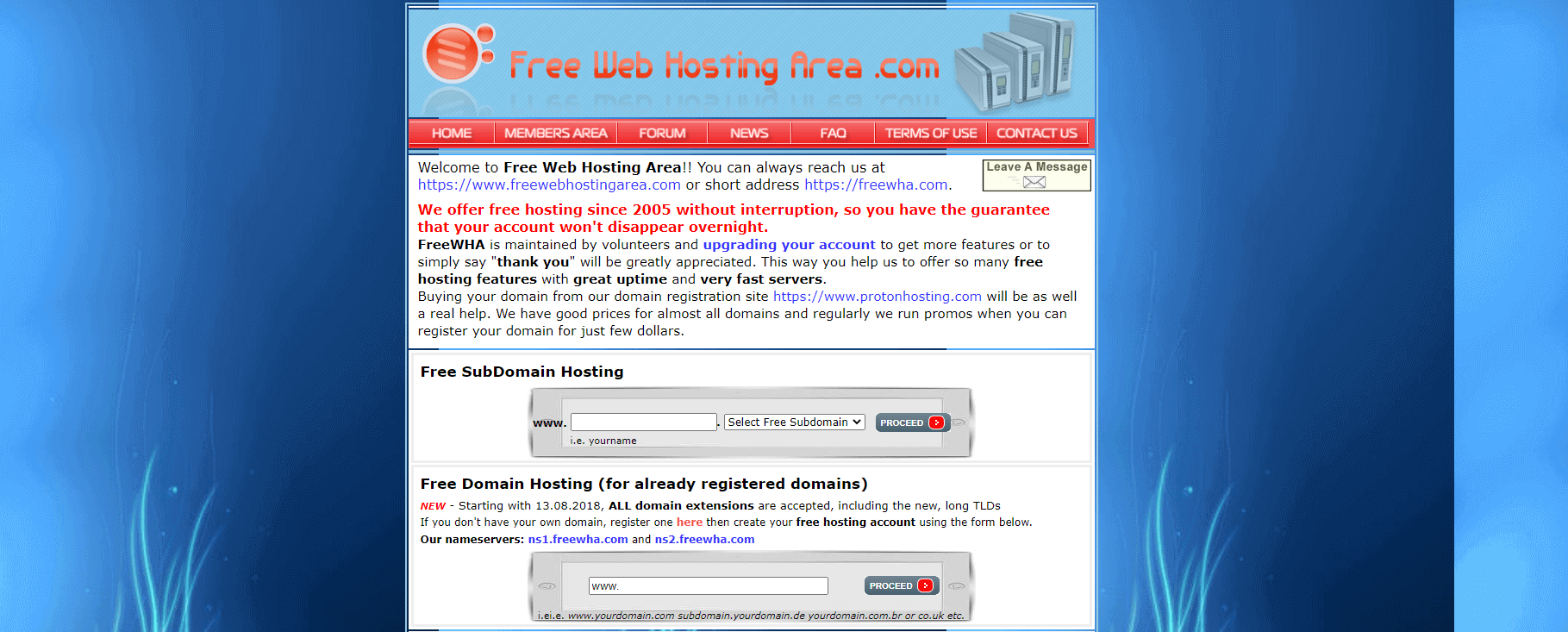 FreeWebHostingArea homepage