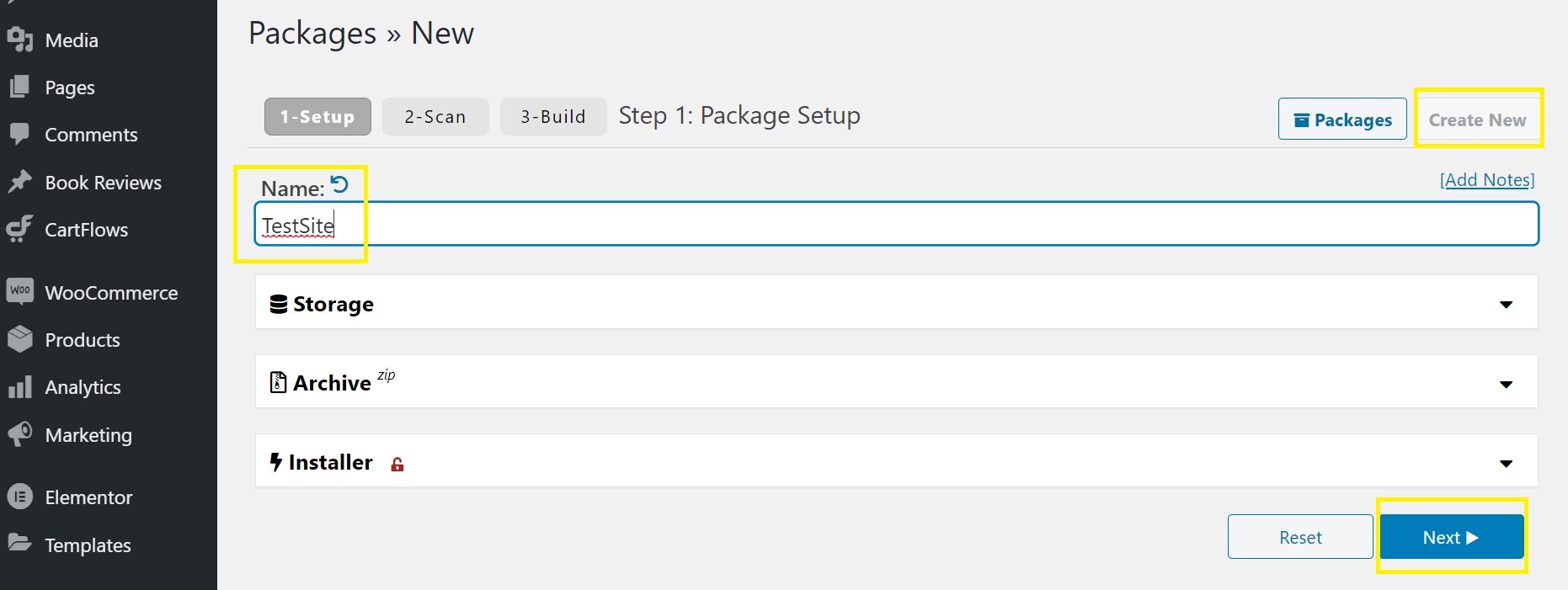 Export WordPress site: Creating a new package with Duplicator.