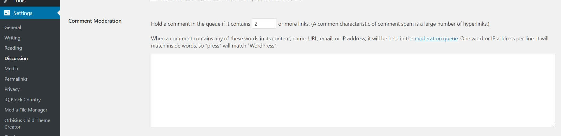 WordPress' Comment Moderation settings