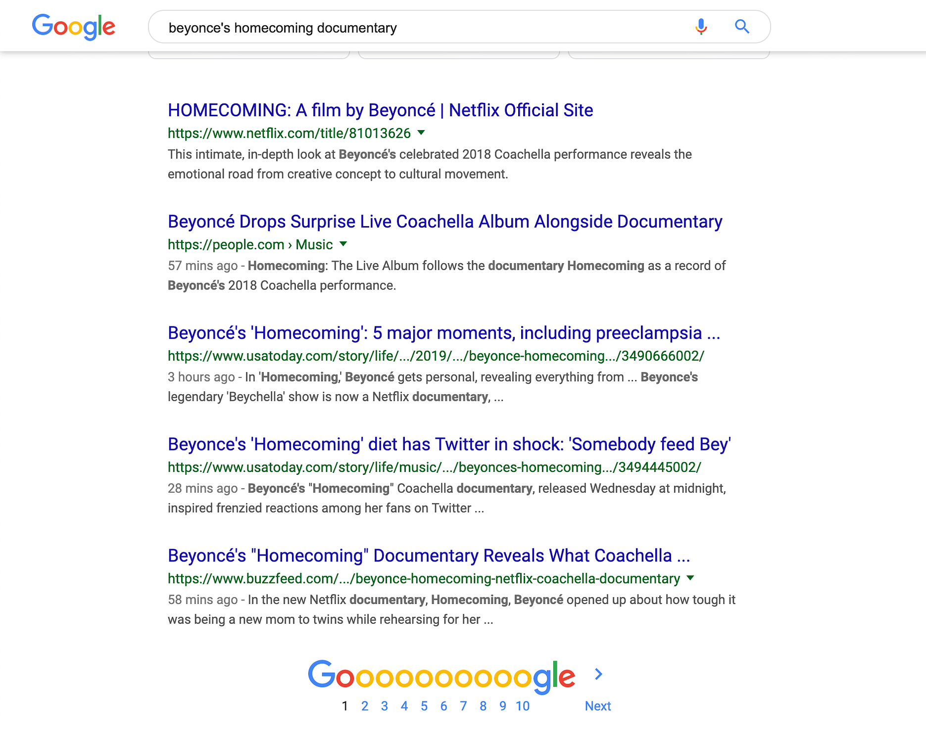 The Google results page for the search "beyonce's homecoming documentary".