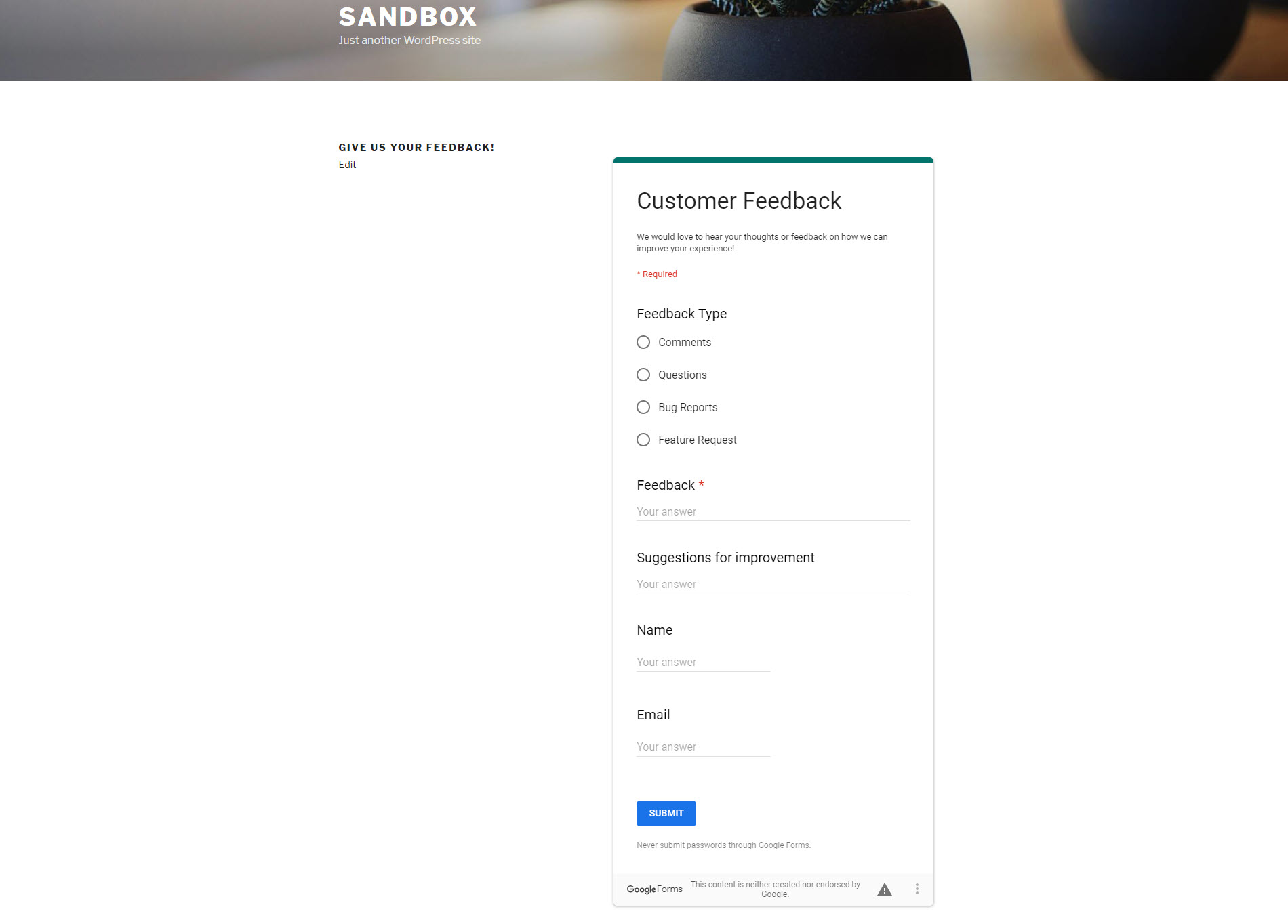 Example of what it looks like to embed Google Form into WordPress