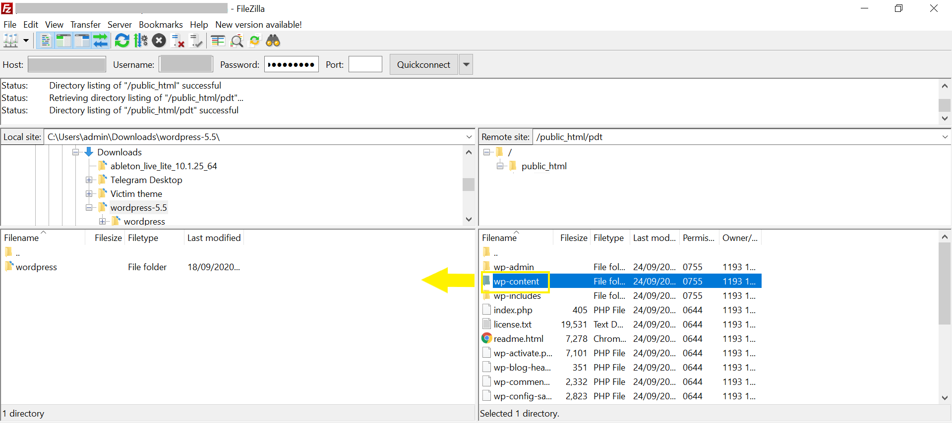 Downloading the wp-content folder.
