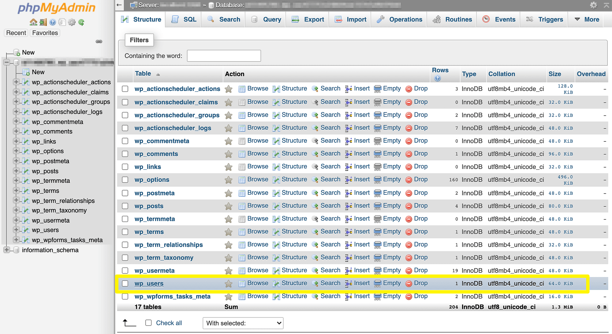 Accessing the wp_users table in phpMyAdmin.