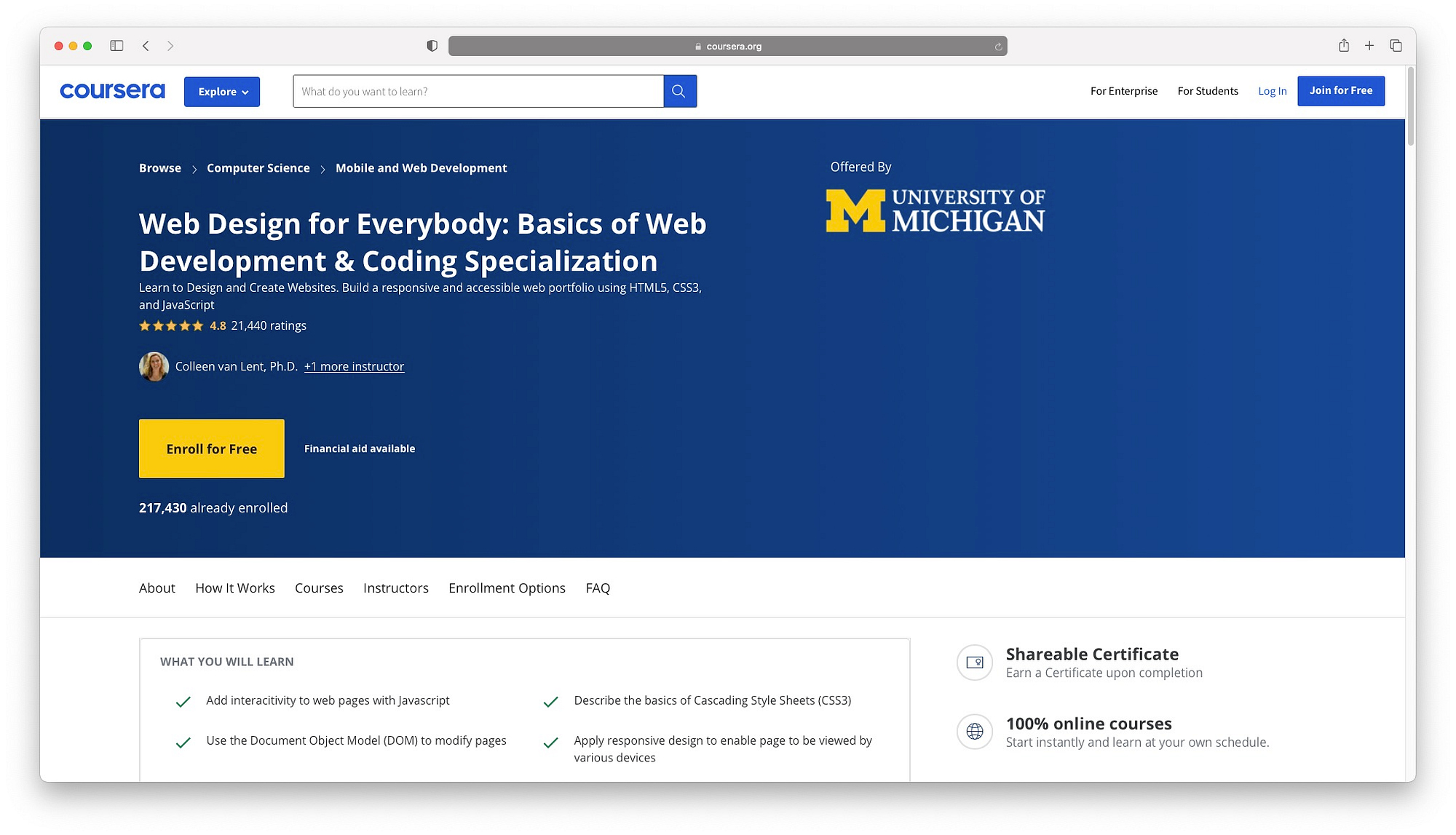 Los cursos de diseño web en línea no son más baratos que la oferta gratuita de Coursera de la Universidad de Michigan