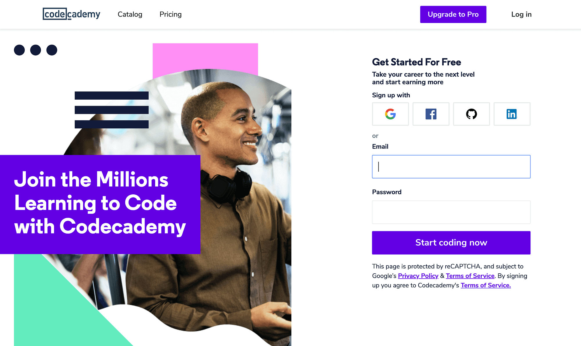 The Codecademy Homepage.