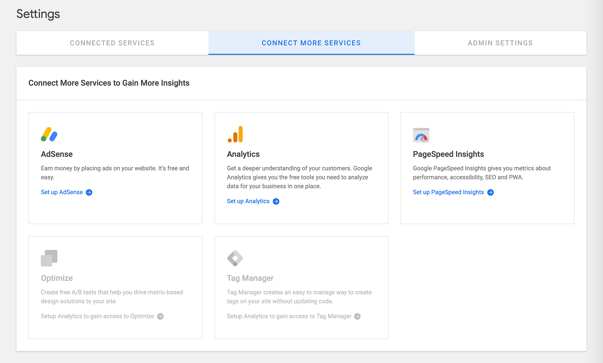 The Google Sit Kit Connect More Services setting.