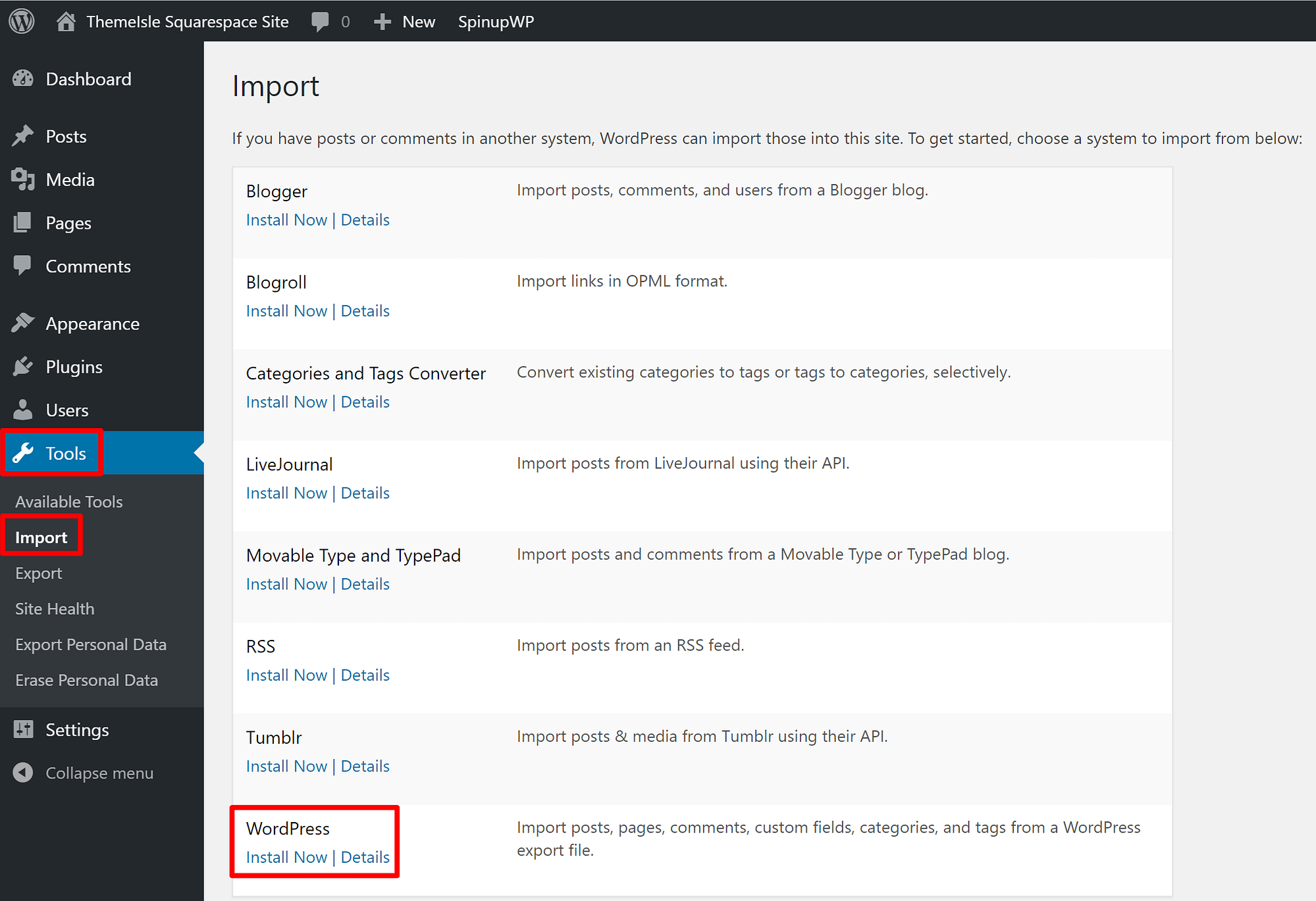 WordPress importer tool