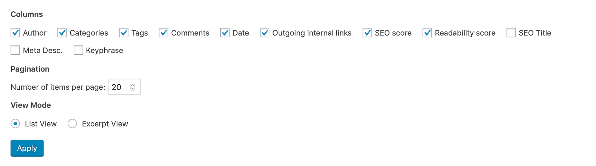 The 'Screen Options' dropdown menu in WordPress.