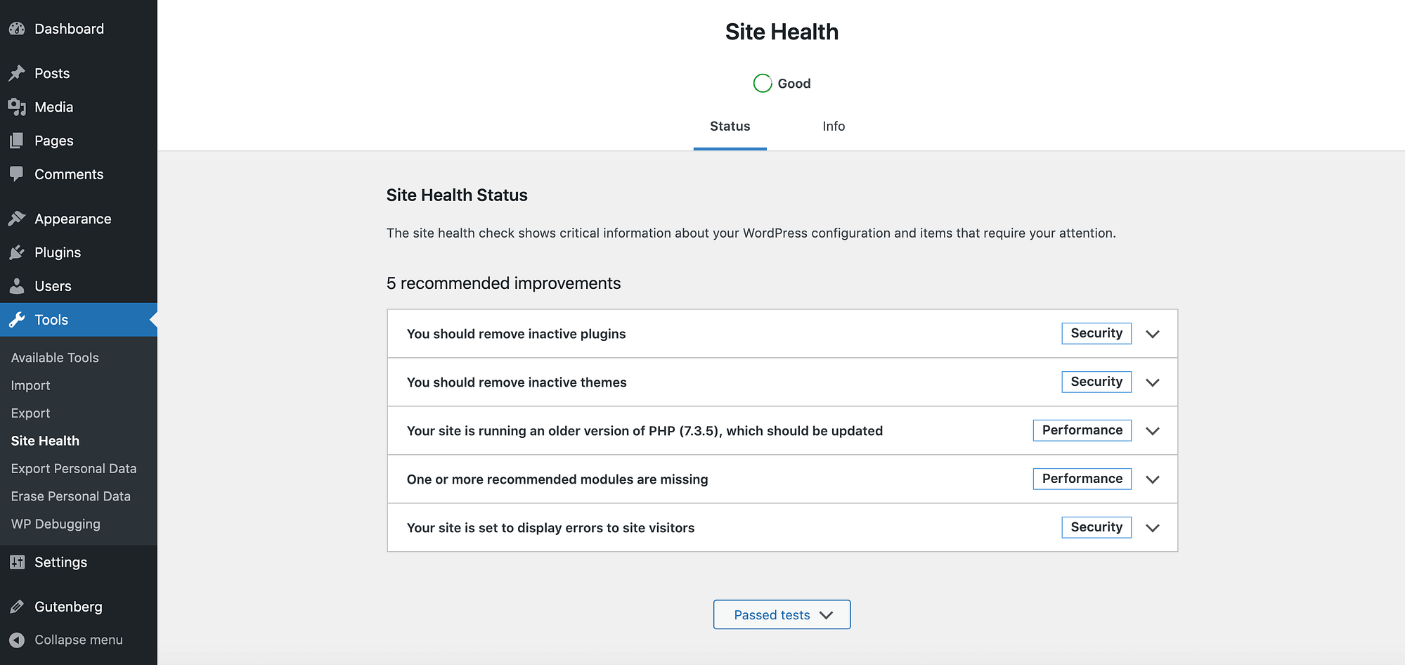 The WordPress Site Health tool. 