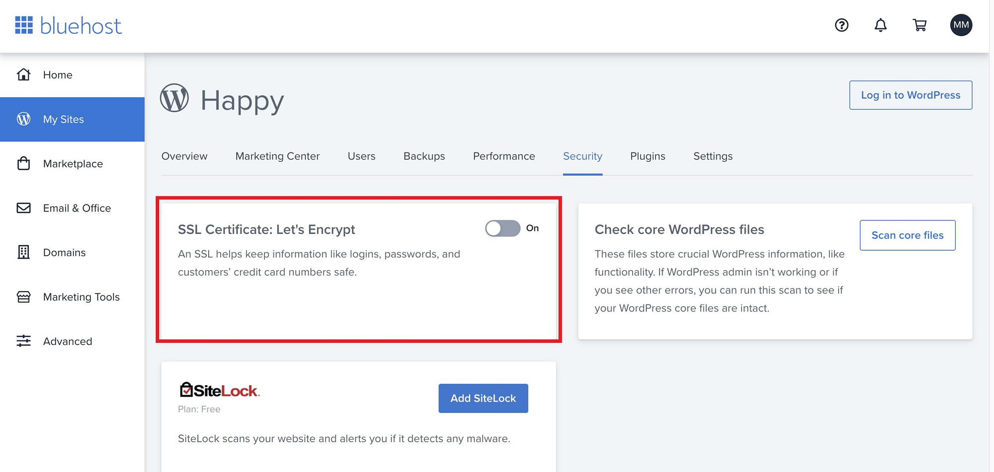 Enabling SSL certification with Bluehost.