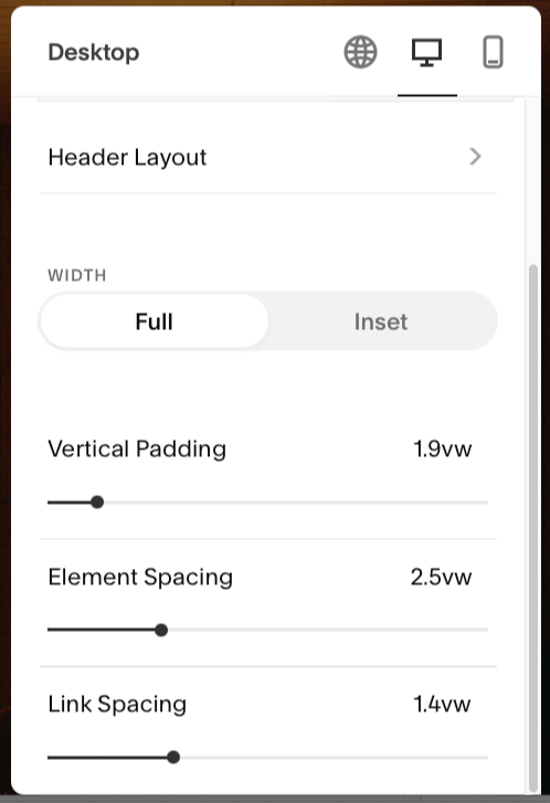 The desktop header options