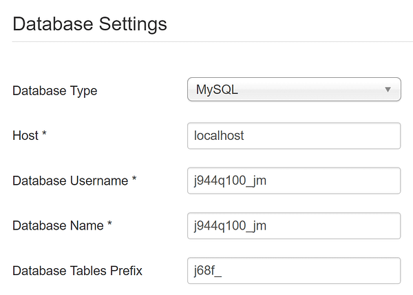 The Database settings section.