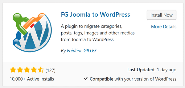 The option to install the FG Joomla to WordPress plugin.