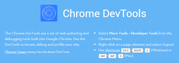 A screenshot of the Chrome Developer Tools homepage.