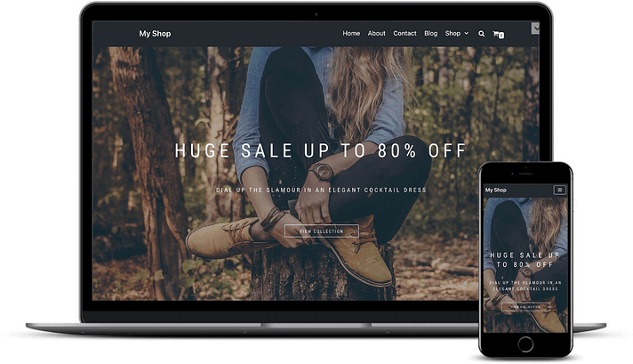best free WooCommerce themes: The Neve Shop starter site on desktop and mobile.