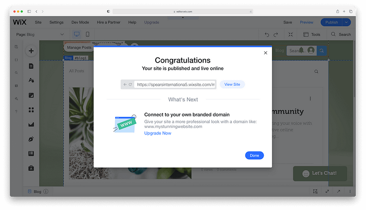 Une fois que vous avez cliqué sur publier, vous avez officiellement créé un site Web avec Wix