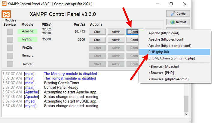 Open php.ini file in XAMPP